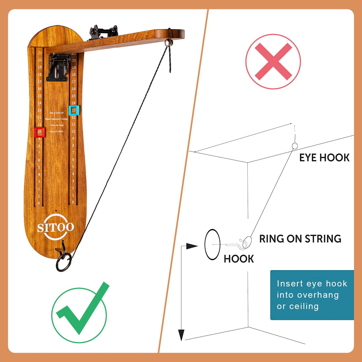 SITOO Ring Toss Game for Adults, Outdoors Games, Wall Mounted Hook and Ring Game with Foldable Arm (Wood) SITOO