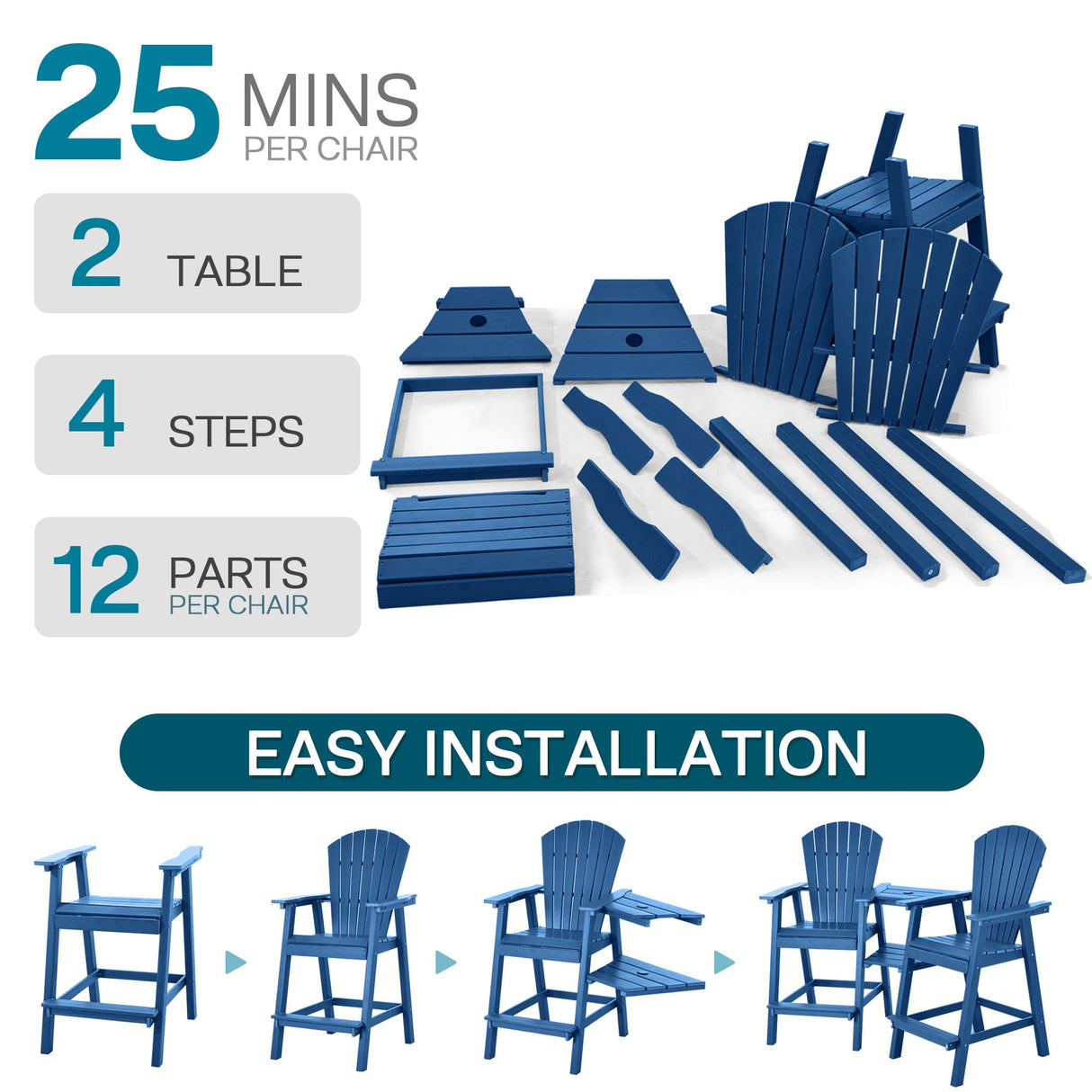 NAVINE Tall Adirondack Chairs Set of 2, HDPE Balcony Chair with Double Connecting Tray, Weather Resistant Outdoor Adirondack Bar Stools for Patio, Deck, Patio, Backyard, Balcony.(Navy Blue) NAVINE