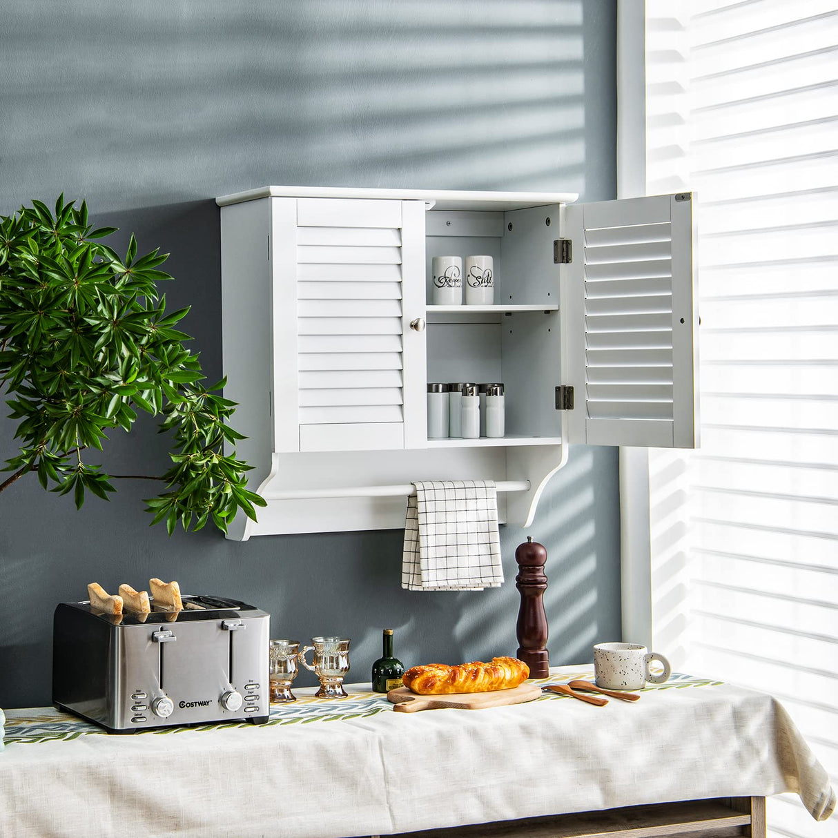 Tangkula White Wall Mounted Bathroom Storage Cabinet with Adjustable Shelves and Double Louvered Doors Tangkula