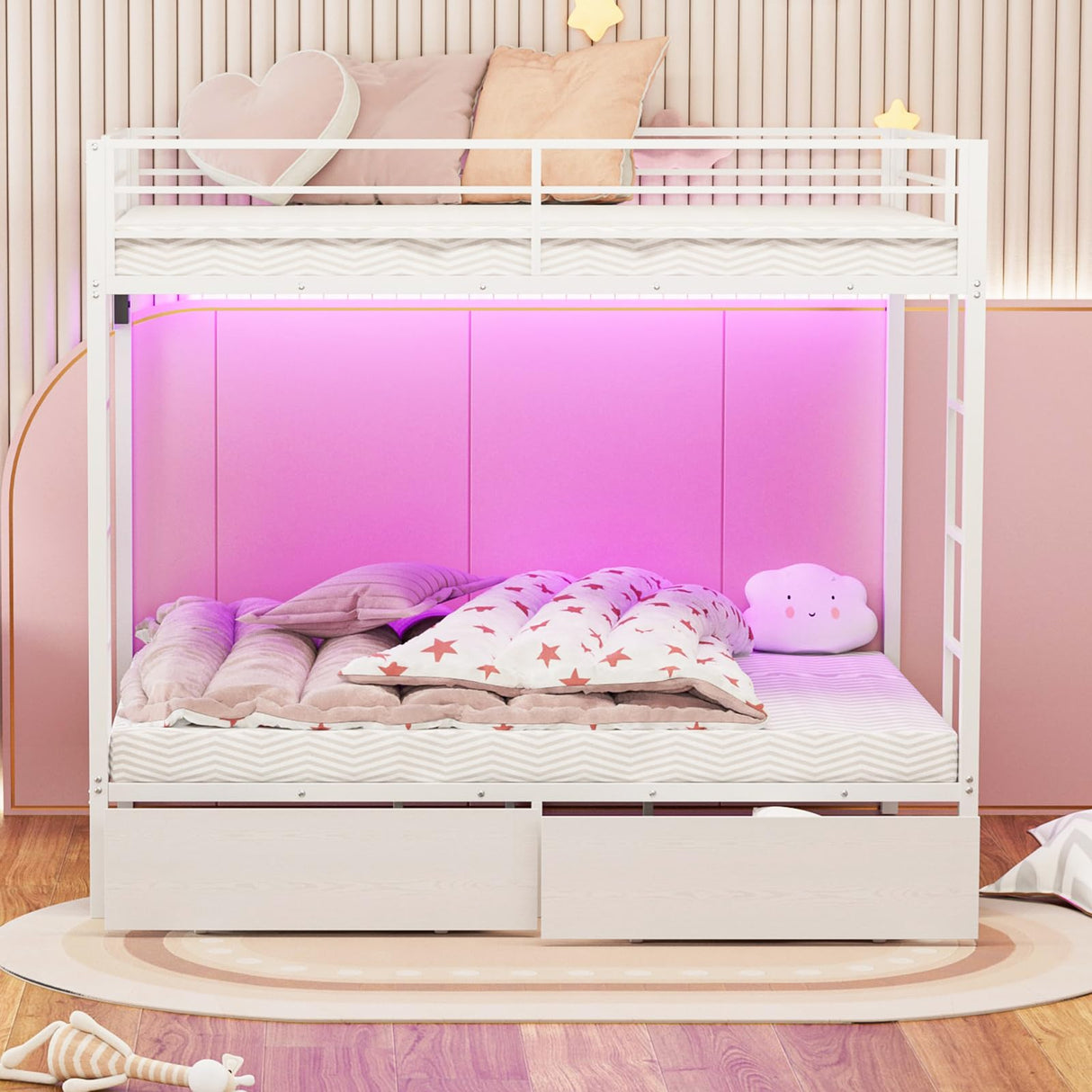 IKIFLY Full Over Full Bunk Beds with 2 Storage Drawers, Heavy Duty Metal Bunk Bed with LED Lights and Charging Station, Safety Guardrail & 2 Ladders, Space-Saving, No Box Spring Needed, White IKIFLY