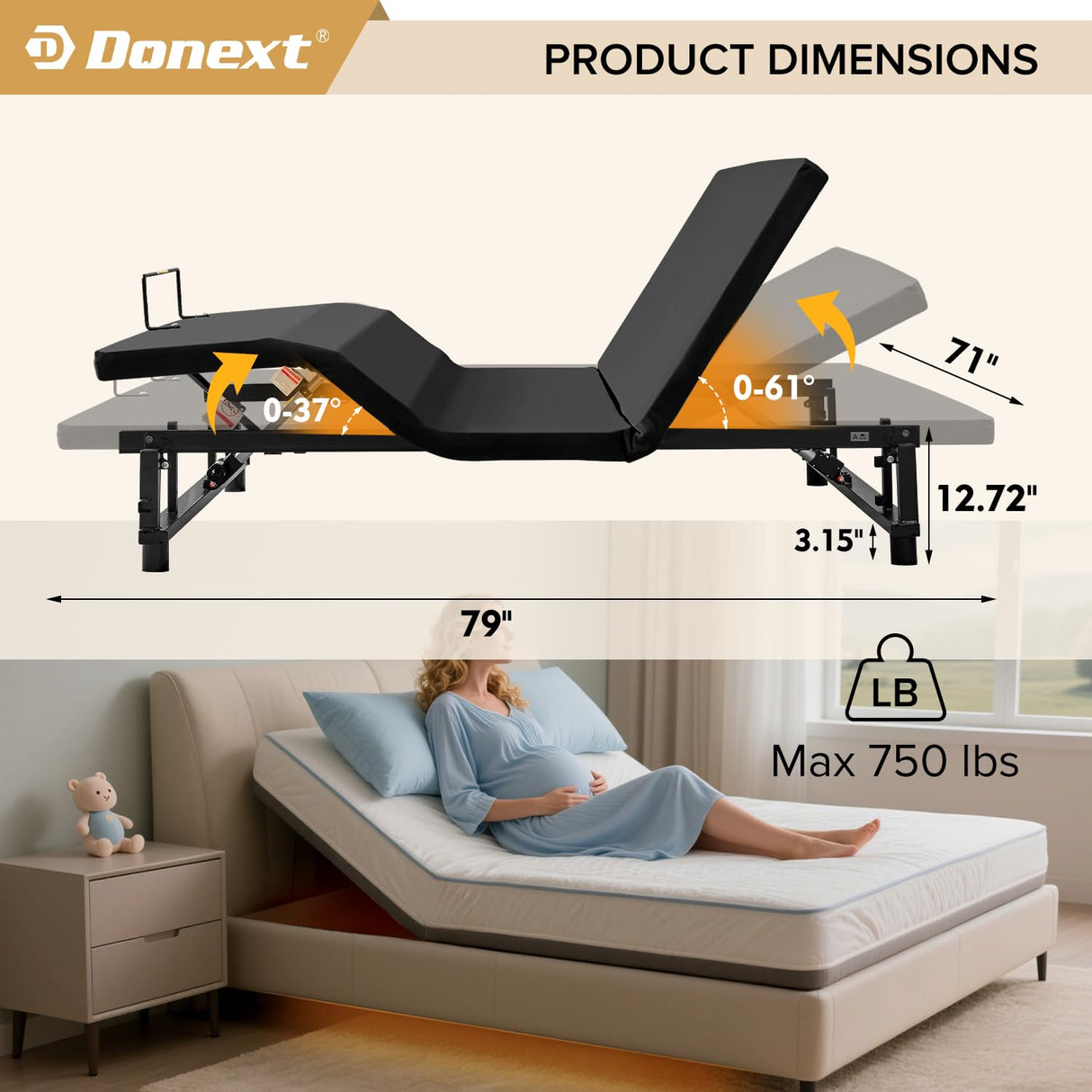 Donext Adjustable Bed Base Fabric Covered, King Bed Frame, Independent Head and Foot Incline, Zero Gravity Quiet Motor, Wireless Remote Control, 4 Ports USB, Under-Bed Nightlights, Electric Bed Base Donext