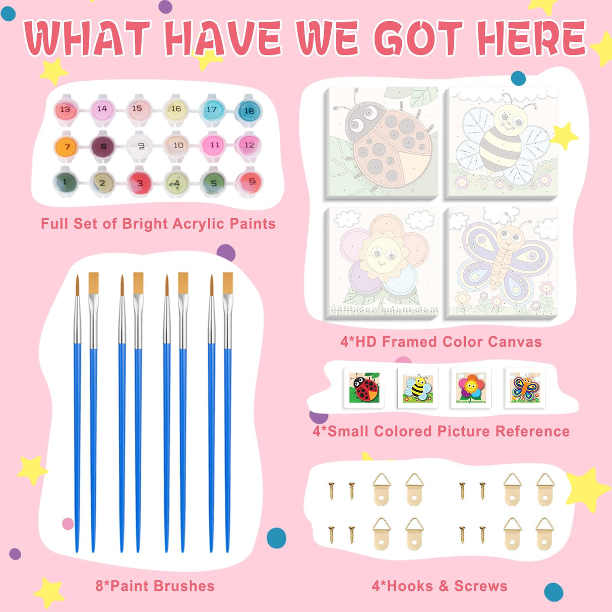 Framed 4 Pack Paint by Numbers Kit for Kids, Cute Cartoon Paint by Number for Kids Ages 4-8 Easy Kids Paint by Number Kits Age 8-12, DIY Acrylic Oil Painting by Numbers for Home Wall Decor 8x8 Inch Fountor