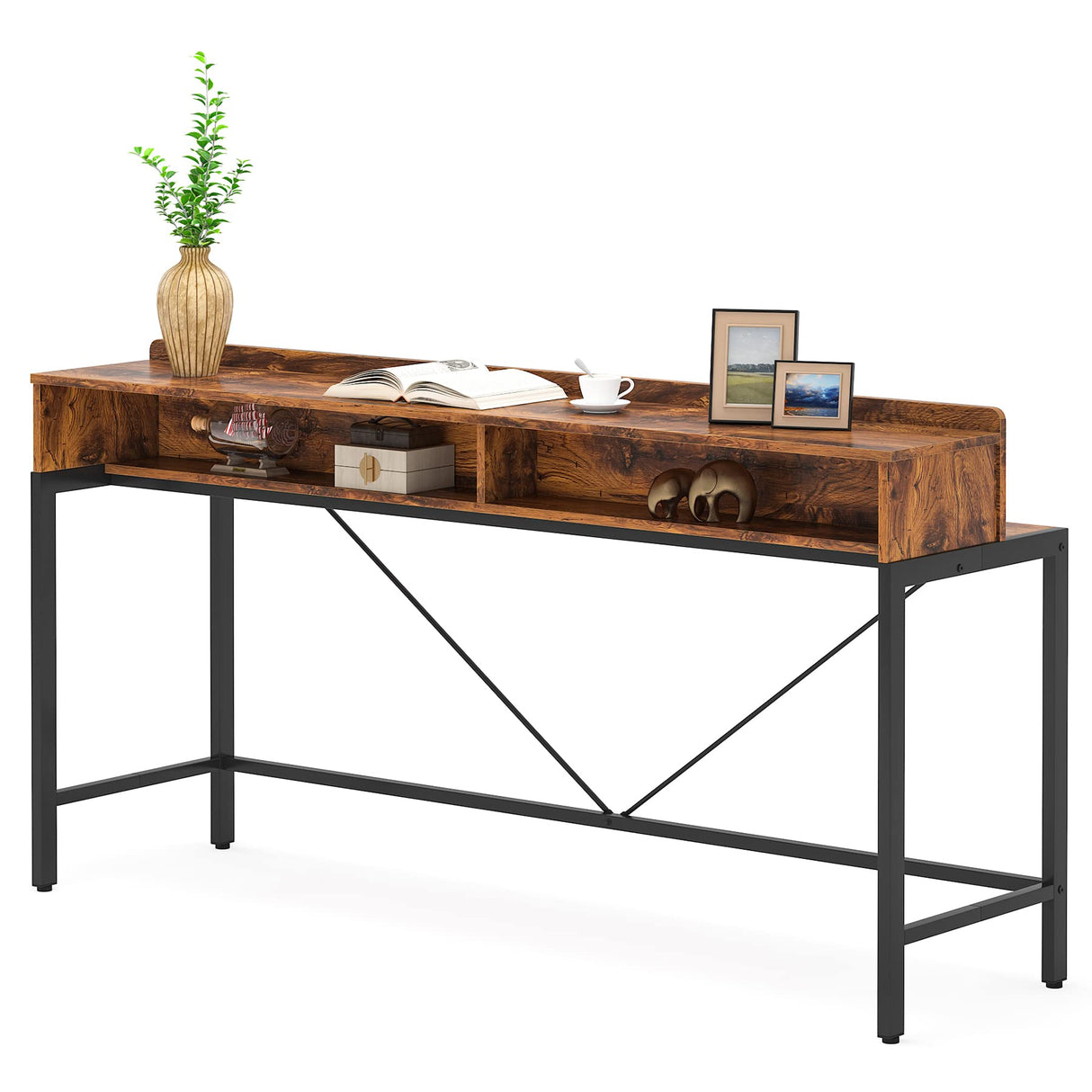 Tribesigns 70.9 Inch Rustic Brown Extra Long Sofa Table with Open Shelves and Storage Tribesigns