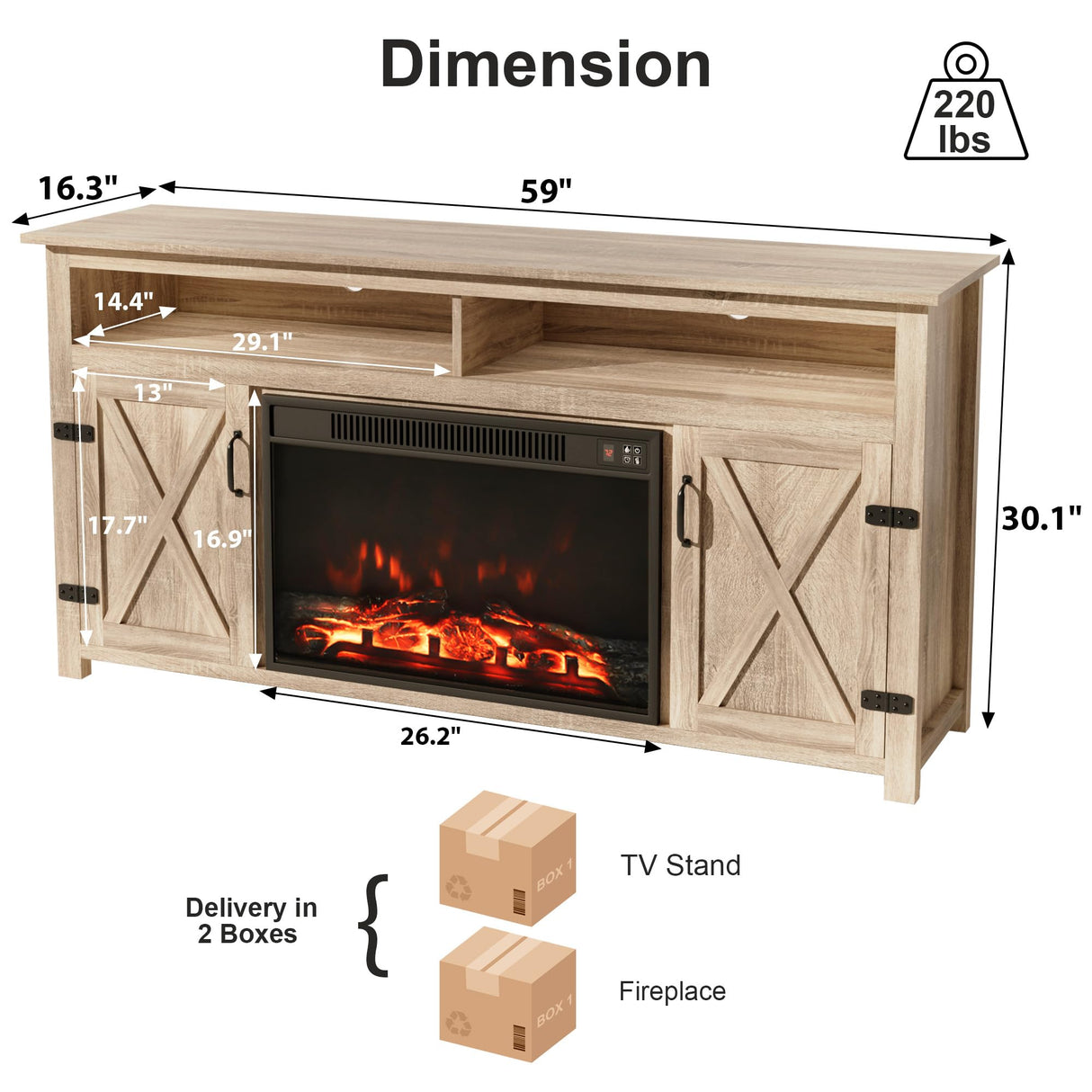 Furmax Farmhouse Fireplace TV Stand for TVs Up to 65 Inch Highboy Entertainment Center with Open Storage and Side Cabinets Rustic Media Console Table with Barn Doors for Living Room (Natural Oak) Furmax