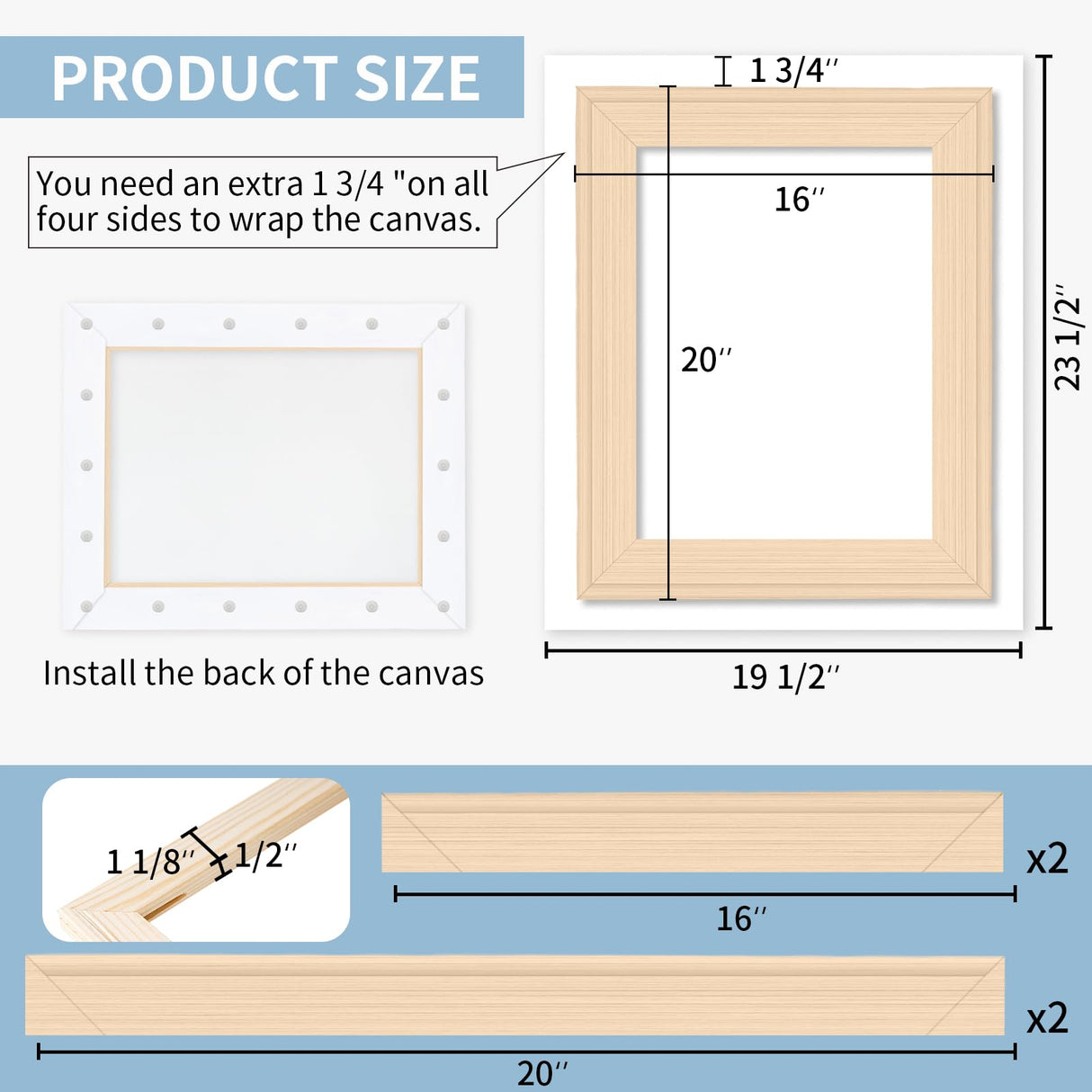 Falling in Art 16x20 Inch DIY Canvas Stretcher Bars, Canvas Framing Kit, Wood Stretcher Frames for Oil Paintings, Paint by Numbers, and Posters Falling in Art