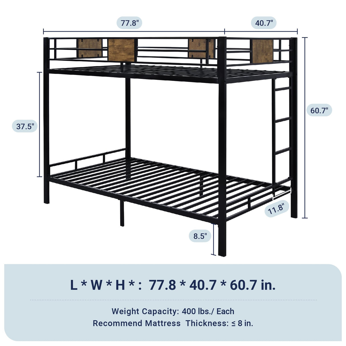 Allewie Black Twin Over Twin Bunk Bed with Rustic Wood Accents and Sturdy Metal Frame Allewie