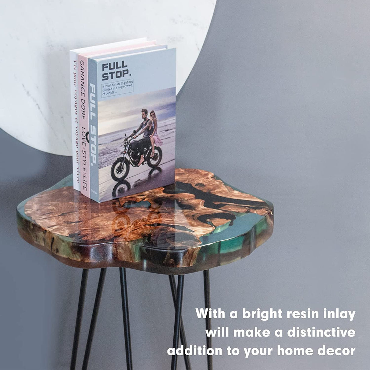 Crystal Clear Epoxy Resin Natural Edge Wood end Table, Wood Resin Side Table Hand Made Craft Coffee Table with Hairpin legs-20 inch Tall (Blue) TUZECH