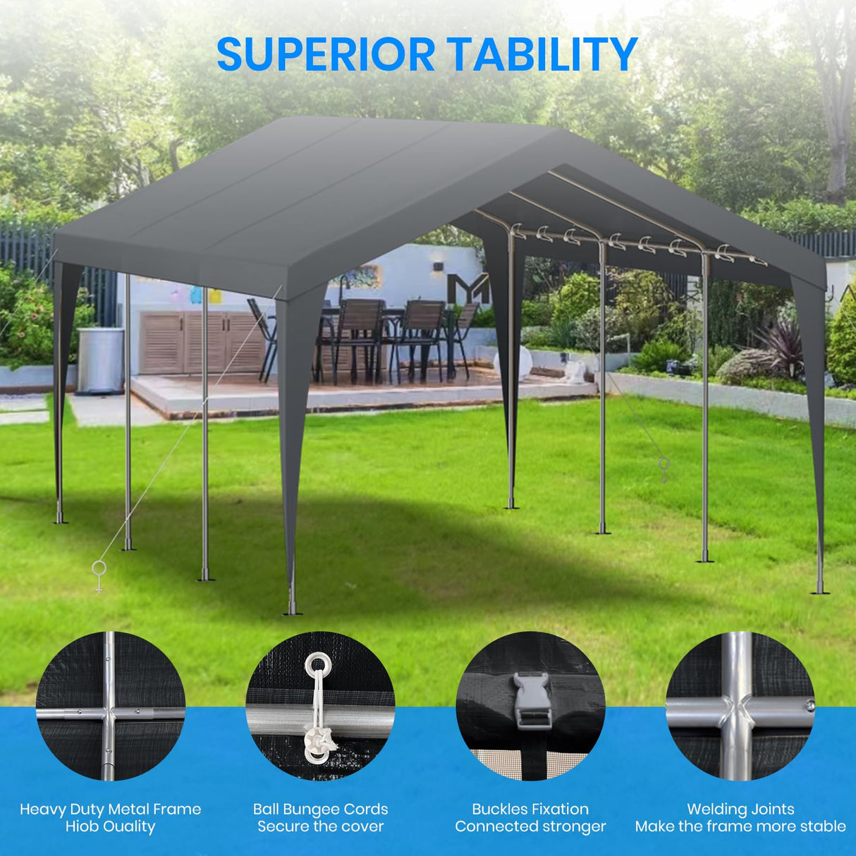 10x20 FT Heavy Duty Carport, Outdoor Portable Car Canopy Garage, Galvanized Steel Frame, UV-Resistant Waterproof PE Tarp Shelter for Vehicles, Boats, RVs, Driveway Carport, Gray RICHRYCE