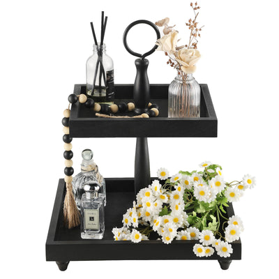 Tiered Tray Stand, Rustic Wooden 2 Tier Decorative Tray with Bead Garland, Farmhouse Square Wood Serving Tray Counter Centerpiece for Coffee Bar Home Decor Holiday Holloween Housewarming Gifts (Black)