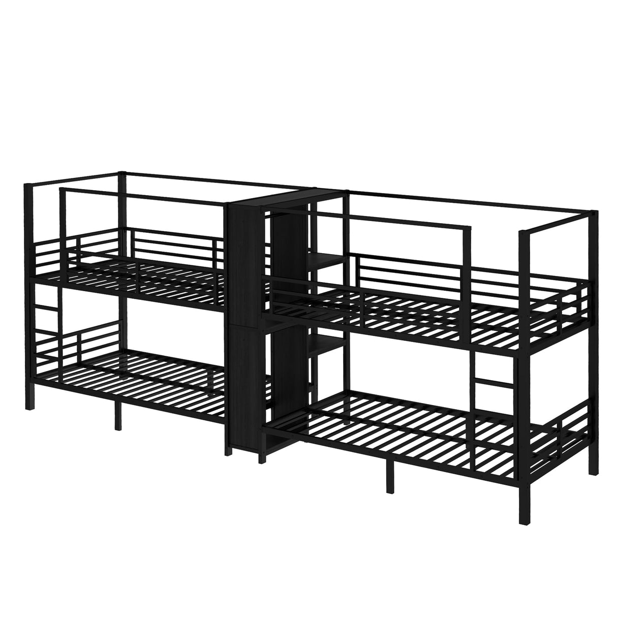 Metal Quad Bunk Bed with Wardrobe for 4,Twin Size Quad Bunk Bed Frame with Storage Shelves,Heavy Duty Bunk Beds for Kids Teens Adults,Black Bellemave