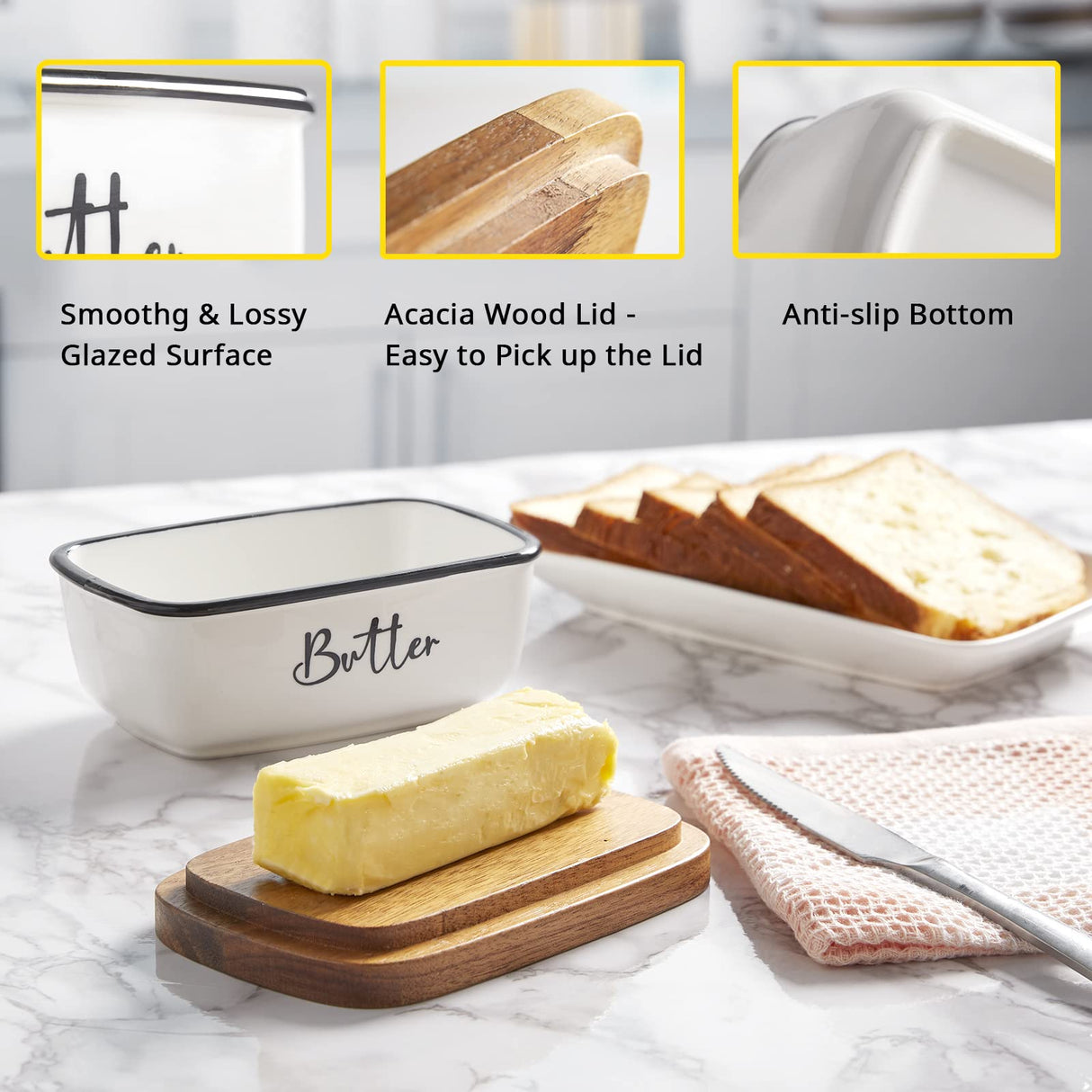 Butter Dish with Lid, ALELION Large Ceramic Butter Dish for Countertop, Butter Keeper with Thick Acacia Wood Lid, Kitchen Decor and Accessories for Kitchen Gifts, White ALELION