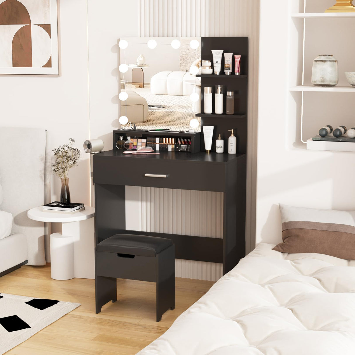 Fameill Makeup Vanity Table with Lighted Mirror & Charging Station, Black Vanity Set Vanity Desk with 3 Lighting Modes, Brightness Adjustable, 31.5in(W) Fameill