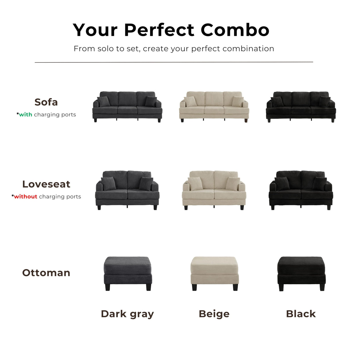 HOMES: Inside + Out Reese Modern Plush Chenille Couch with Side Pockets, Cup Holders and USB Ports, Wooden Comfortable Sofa for Living Room, Bedroom and Office, Black HOMES: INSIDE + OUT