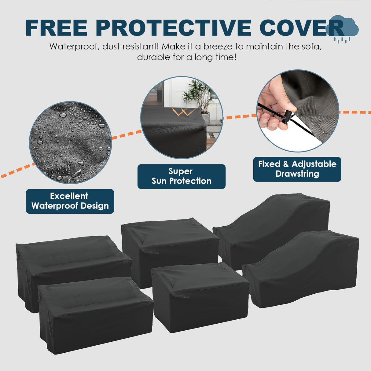 VONZOY 5 Piece Patio Furniture Set with Fire Pit Table, Outdoor Conversation Sets Grey Wicker Rattan Sectional Sofa, 4'' Thickened Cushion Navy Blue (Include Waterproof Cover) VONZOY