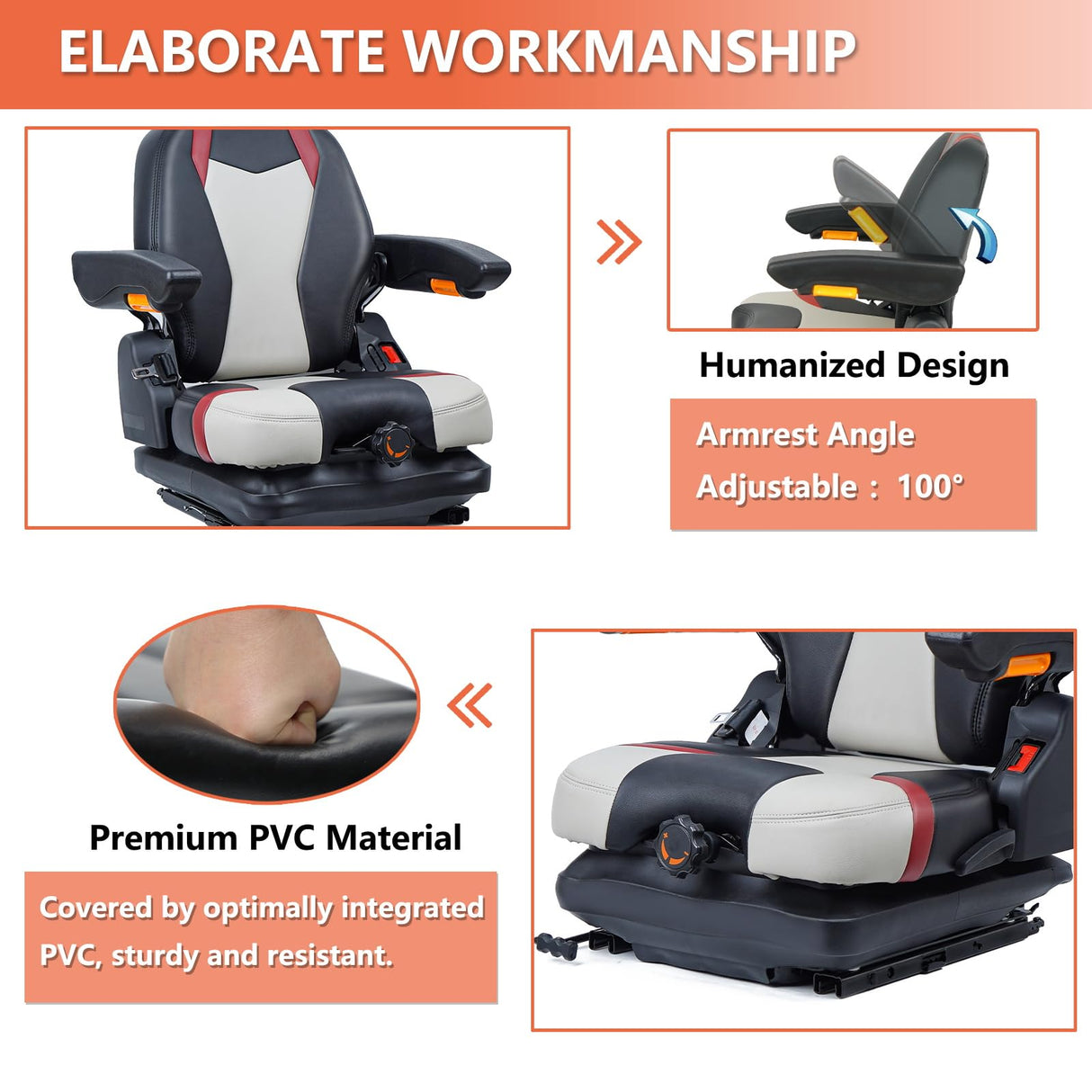 Highback Low Suspension Tractor Seat, Adjustable Backrest and Slide Rails Forklift Seat, Adjustable Armrests Shock Absorber Heavy Duty Seat for Toro Mower Excavator Harvester TICSEA