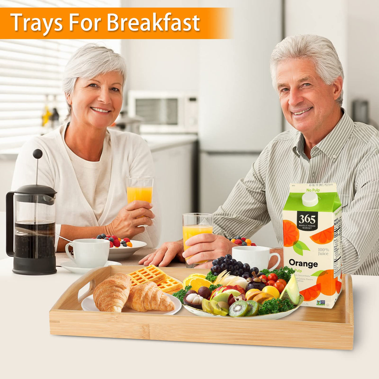 2 Pack Bamboo Serving Tray with Handles, Portable Bed Tray for Breakfast Dinner, Eating Trays for Living Room,Restaurants JUPELI