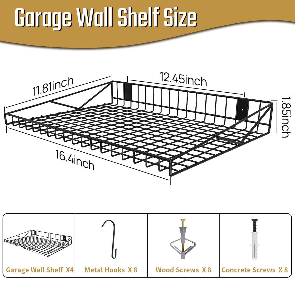 4 Pack Garage Wall Shelf, Garage Wall Mounted Shelving, Heavy Duty Floating Shelves With 8 Hooks, Loads 180 LBS Black Wall Shelves Mesh Storage Rack for Office, Basement, Wall Cabinet and Kitchen Riciakik