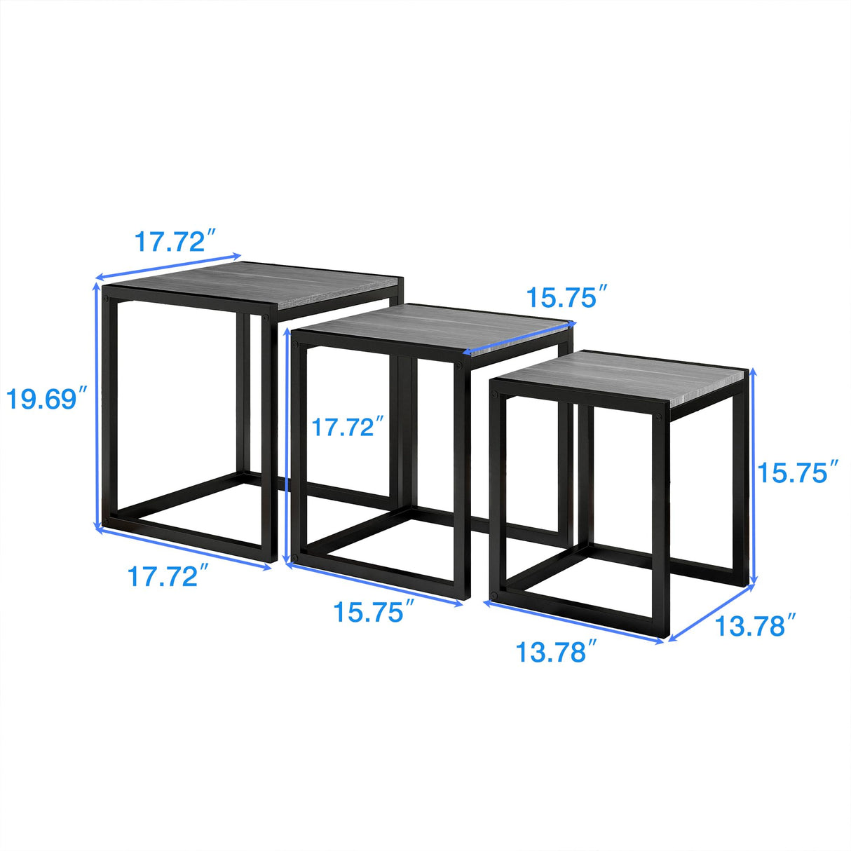 HAHRIR Nesting Table Set of 3 Side Tables, Modern Coffee Table Stacking End Table with Metal Frame (A-Square, Grey) HAHRIR