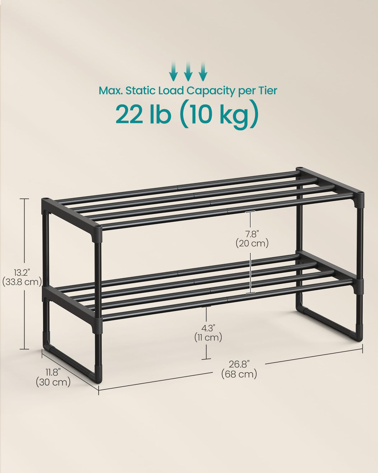 SONGMICS Shoe Rack, 2-Tier Shoe Organizer, Metal Storage Shelf, Upright or Upside Down, for 6-9 Pairs, Stackable, for Entryway, 11.8 x 26.8 x 13.2 Inches, Black ULSA202B01 SONGMICS