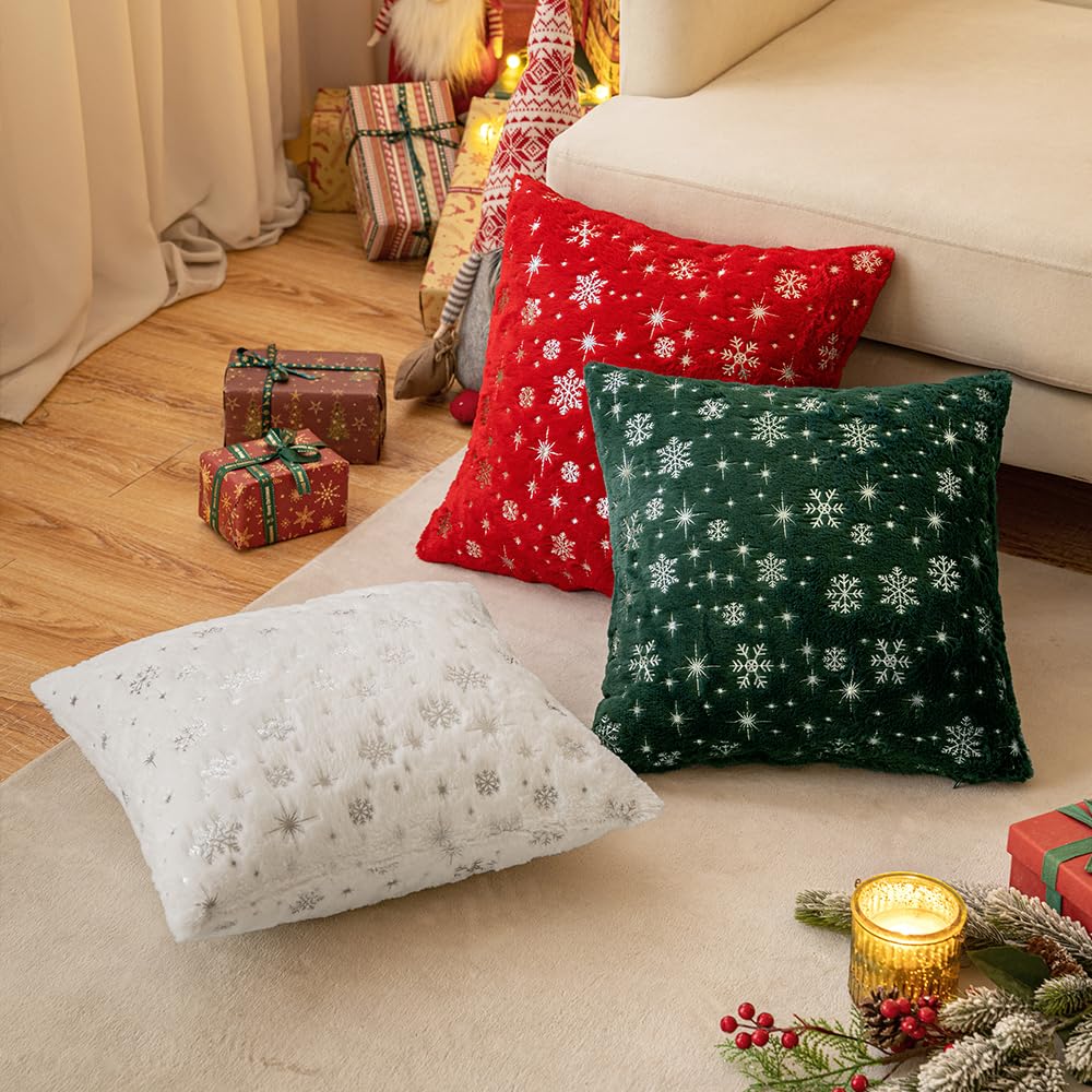 MIULEE Set of 2 Christmas Decorative Throw Pillow Covers Soft Faux Fur Winter Pillow Covers with Silver Snowflake Glitter Holiday Festival Pillowcases for Couch Sofa Bed, 18×18inch, Red MIULEE