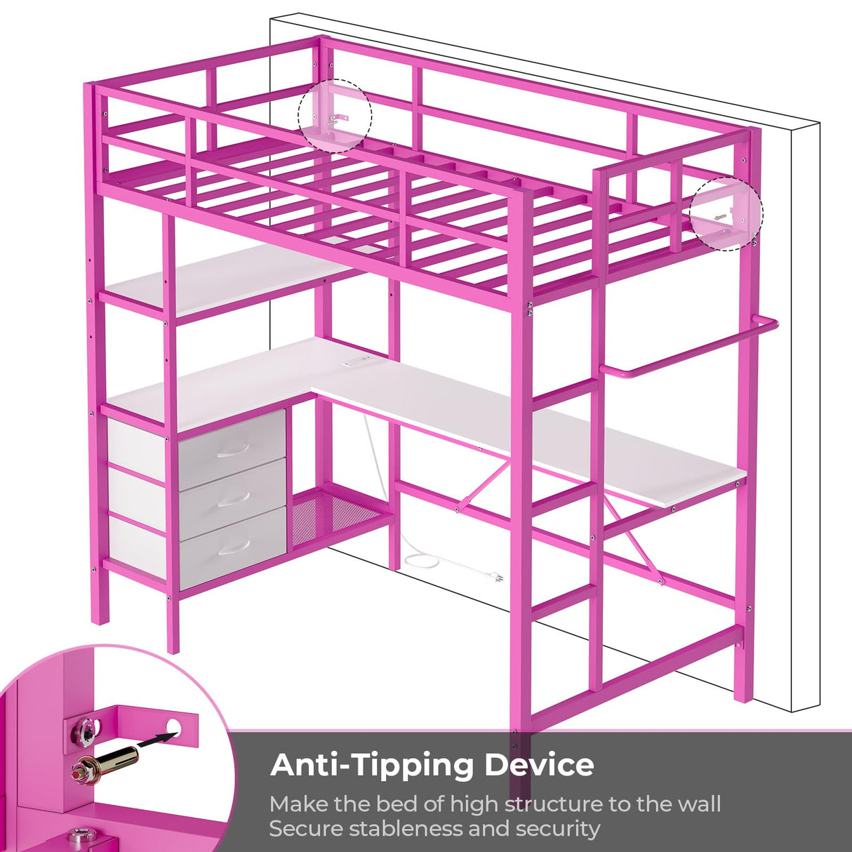 DICTAC Loft Bed Twin Size with L-Shaped Desk, LED Lights and Charging Station Twin Metal Loft Bed Frame with 3 Storage Shelves and 3 Fabric Drawers, Safety Guard & Ladder, No Box Spring Needed, Pink DICTAC