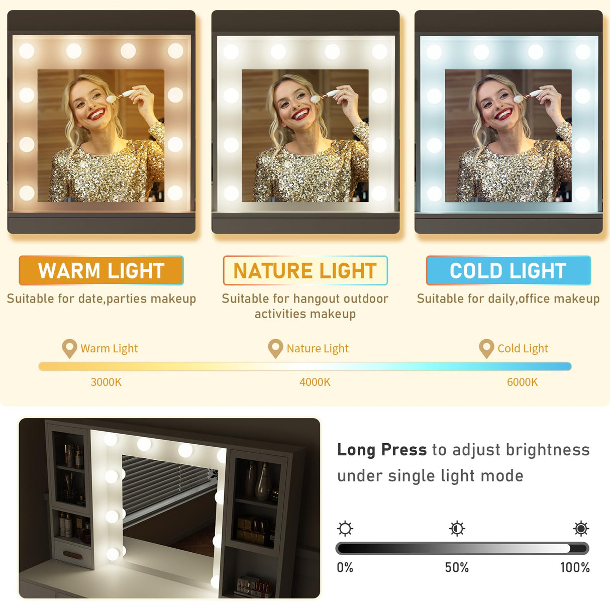 DYHOME Makeup Vanity Desk with Mirror and Lights & Charging Station, 49" Large White Vanity Desk with 3 LED Light Modes, Make Up Vanity Table Makeup Desk with 7 Drawers & 3 Cabinets for Bedroom DYHOME