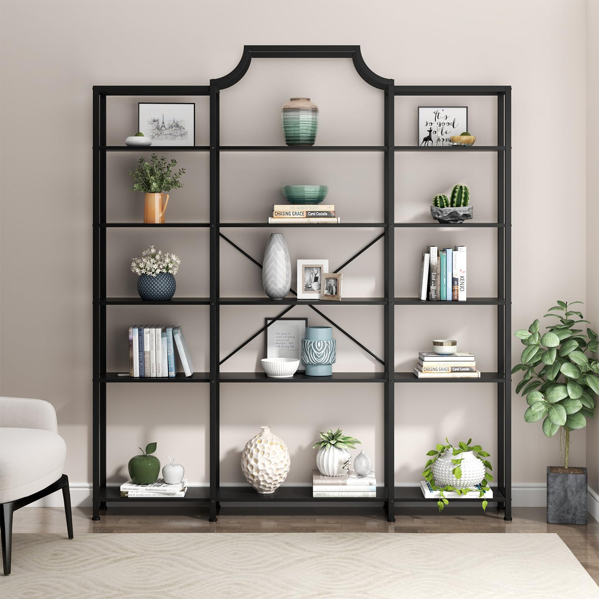Auromie Triple Wide 5-Tier Bookshelf, 70.87" L x 79.13" H Extra Large Bookcase, Tall Open Etagere Display Shelf with Metal Frame, Freestanding Modern Storage Shelves for Home Office (Black) Auromie