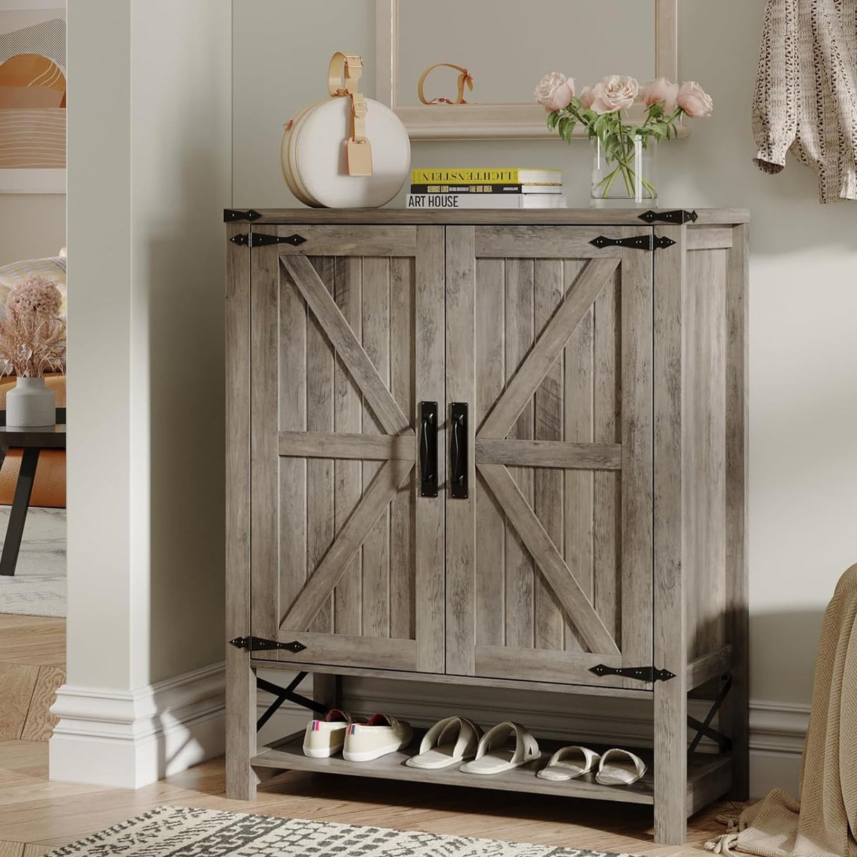 Maupvit 6-Tier Shoe Cabinet with Doors, Farmhouse Shoe Storage Cabinet with Adjustable Shelves, Shoe Shelf, Wooden Shoe Rack Organizer Cabinet for Entryway, Foyer, Hallway, Living Room, Grey Maupvit