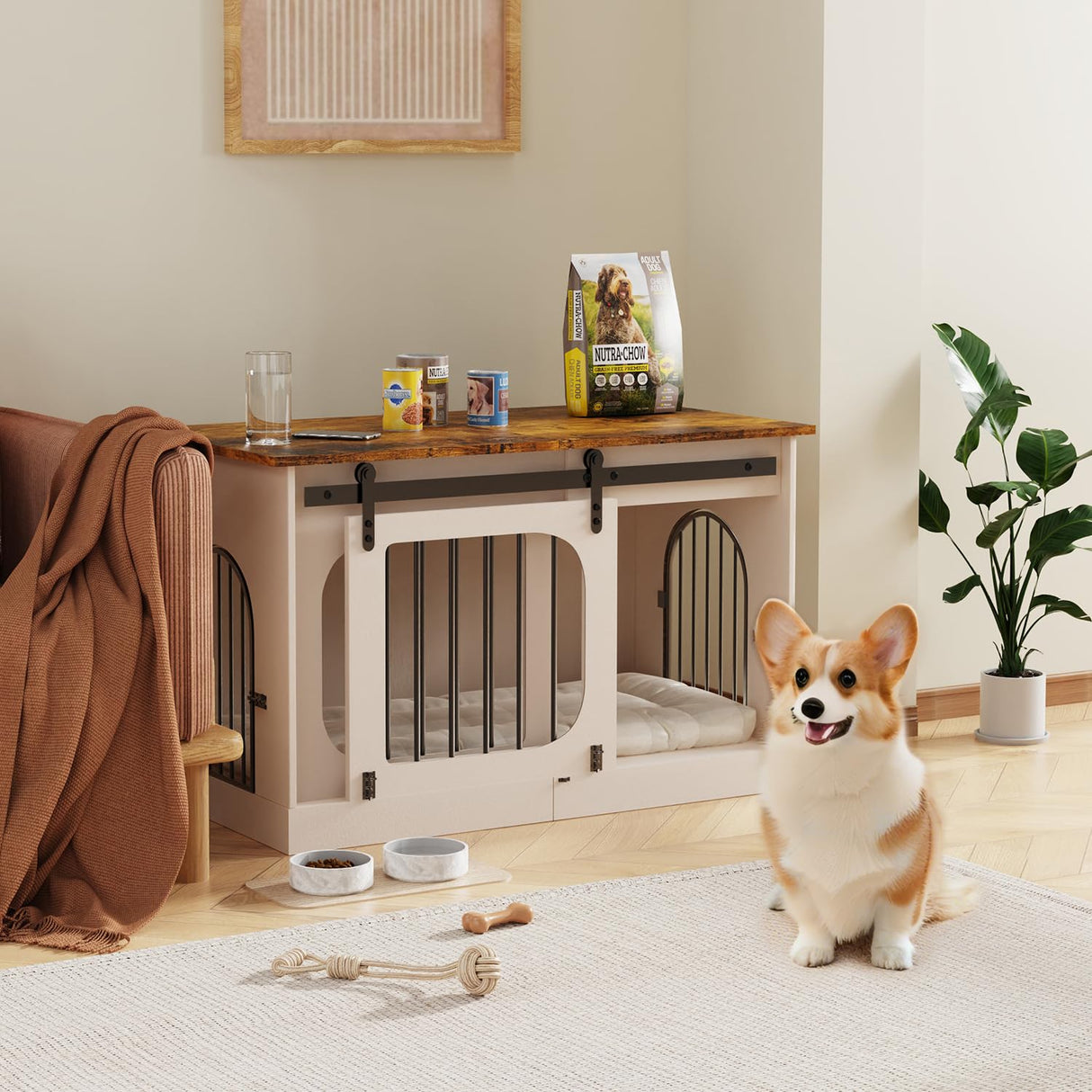 YDTOP XL Dog Crate Furniture,39.4 Inch Dog Kennel with Cushion Decorative Dog Crate Modern Three-Door Dog Cage Furniture for Large Dog Thick Wooden Dog House with Sliding Doors,Off White YDTOP