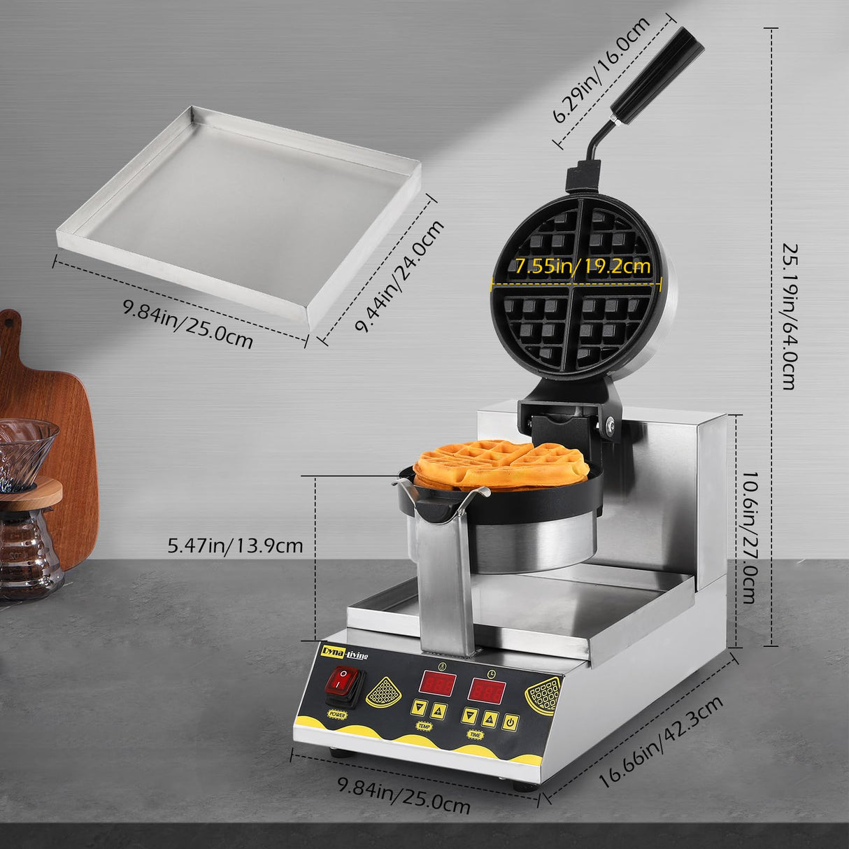 Dyna-Living Belgian Waffle Maker Commercial Intelligent Round Waffle Maker Rotating 180° Nonstick Flip Waffle Iron Machine Professional Commercial Waffle Maker for Restaurant 110V 1200W Dyna-Living