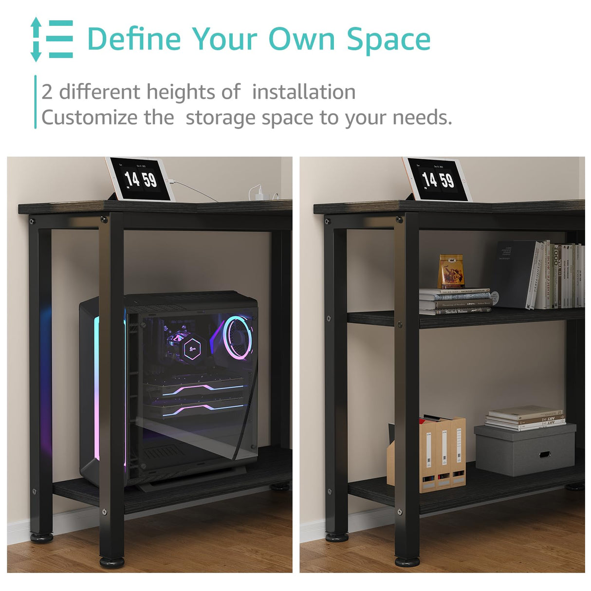 Lufeiya L Shaped Gaming Desk with Drawers & Storage Shelves, 55 Inch Corner Computer Desk with Power Outlet for Home Office Bedroom, L-Shaped Teen PC Desks with Fabric Drawer, Black Lufeiya