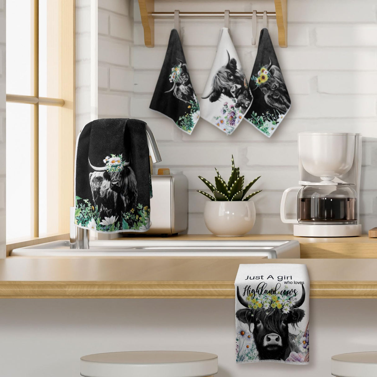 Boyiee Set of 6 Highland Cow Kitchen Towels Hello Heifers Tea Towels Absorbent Dish Towels 24 x 16 Inches Kitchen Gifts Just Who Loves Cow Hand Towels for Farmhouse Kitchen Bathroom Decorations Boyiee