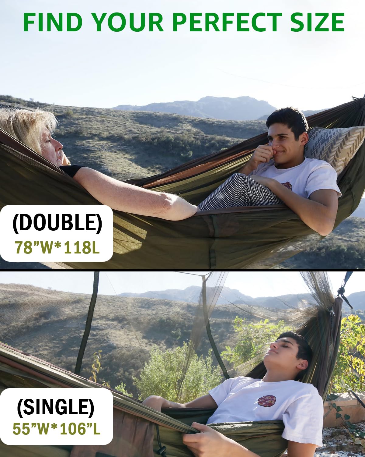 Sunyear Camping Hammock, Portable Single & Double Hammock with Net, 2 Person Hammock Tent with 2 * 10ft Straps, Best for Outdoor Hiking Survival Travel Sunyear