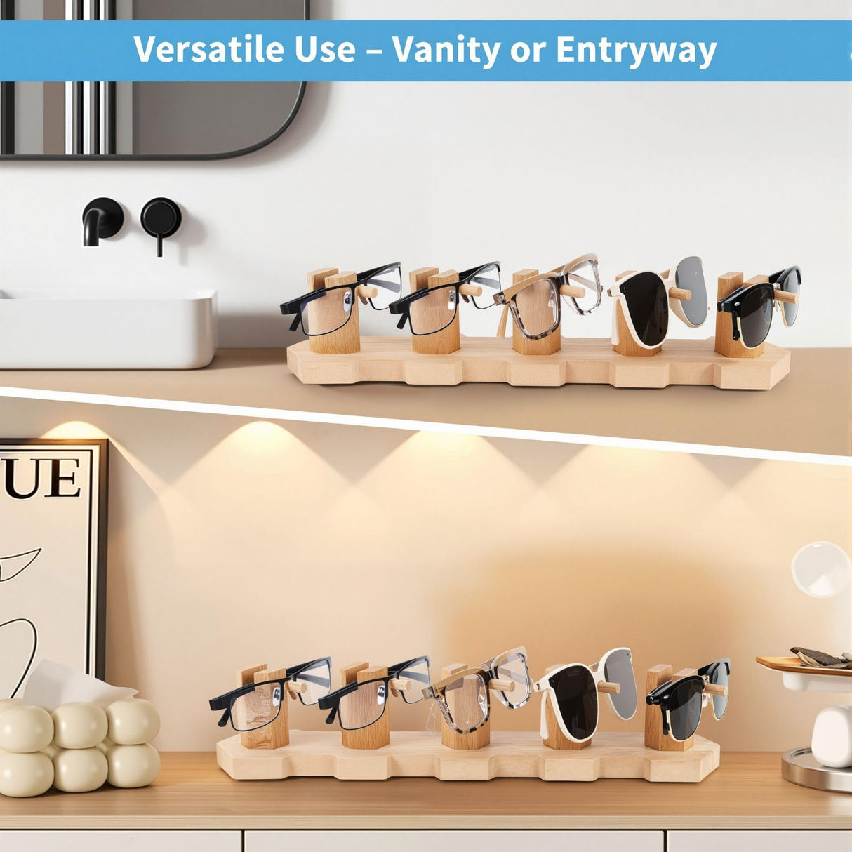 VOREN Beechwood Sunglasses Organizer Stand – Premium Eyeglass Storage Rack for 5 Pairs | Stable, No-Assembly Glasses Holder & Sunglass Display for Desk, Counter VOREN