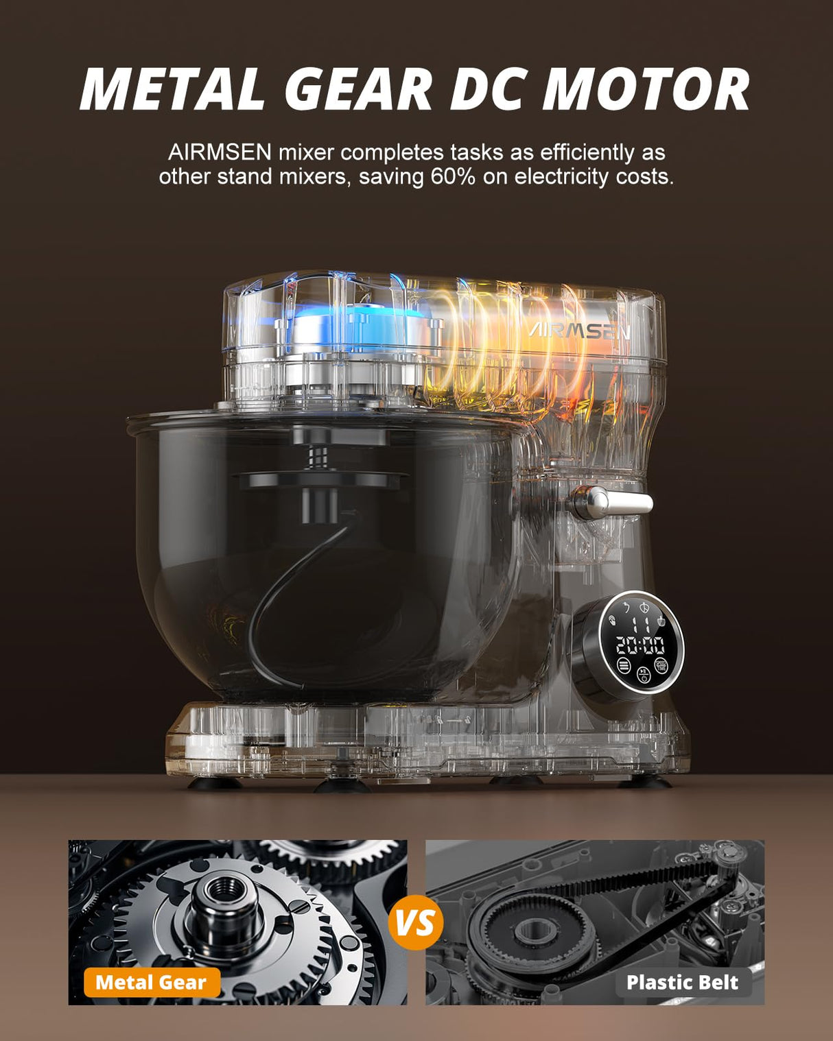 AIRMSEN Automatic Stand Mixer with LED Touchscreen & Timer - 11 Speed Tilt-Head Dough Mixer Fits 5.3QT Bowl & 3-IN-1 Attachments - Kitchen Electric Mixer for Bread Cake Baking - Beige and Orange AIRMSEN