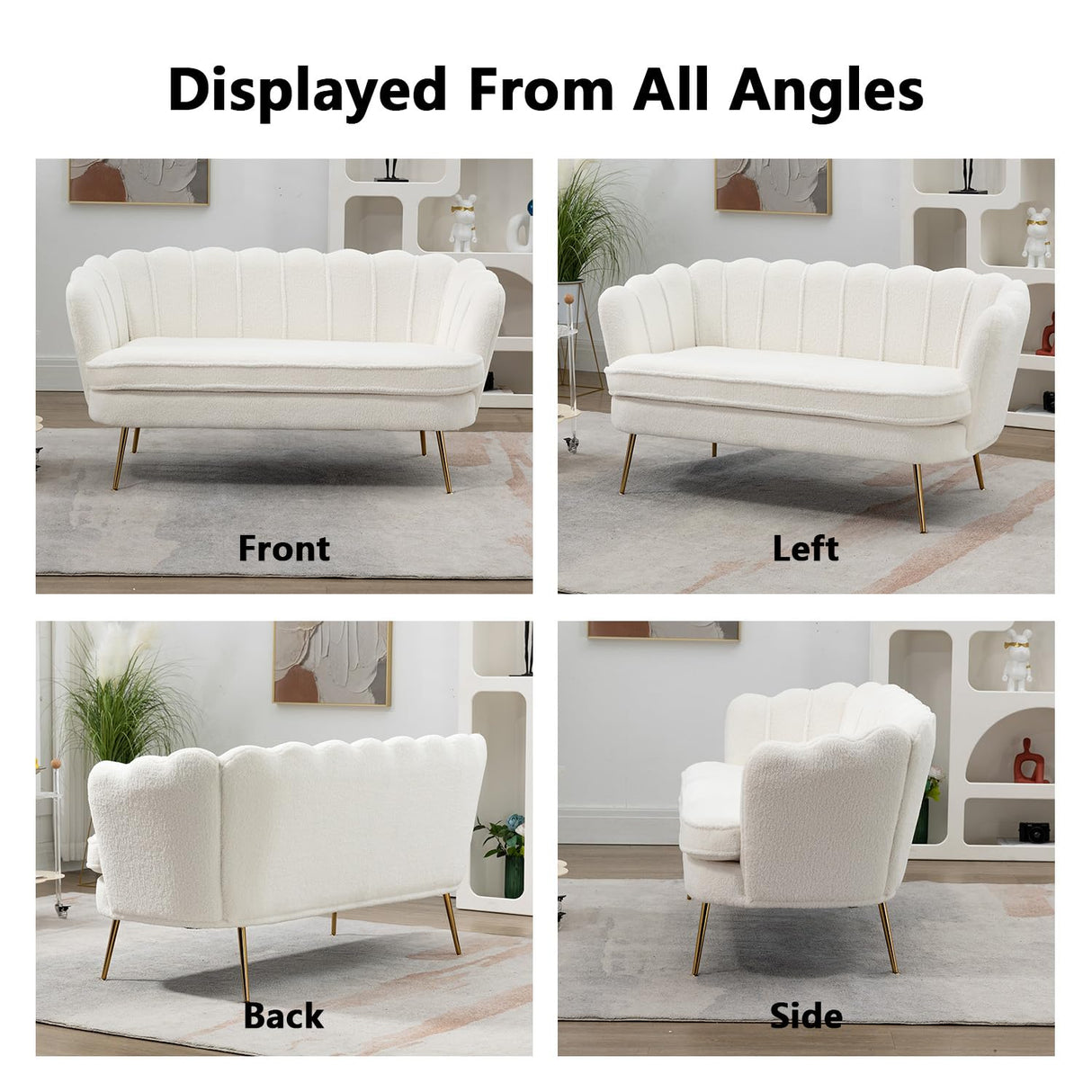 Anwick 59" Small Modern Chenille Loveseat Sofa, 2-Seater Sofa with Gold Metal Legs, Small Couch with Flower Shaped Back for Living Room Bedroom Office (Ivory) Anwick