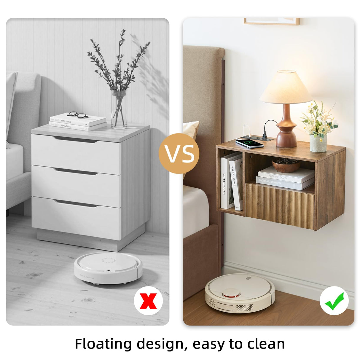 BuildHom Modern Rustic Brown Fluted Floating Nightstand with Charging Station, NightStand with Drawers, Bedside with USB Ports and Outlets, Bedroom Furniture (Right) BuildHom