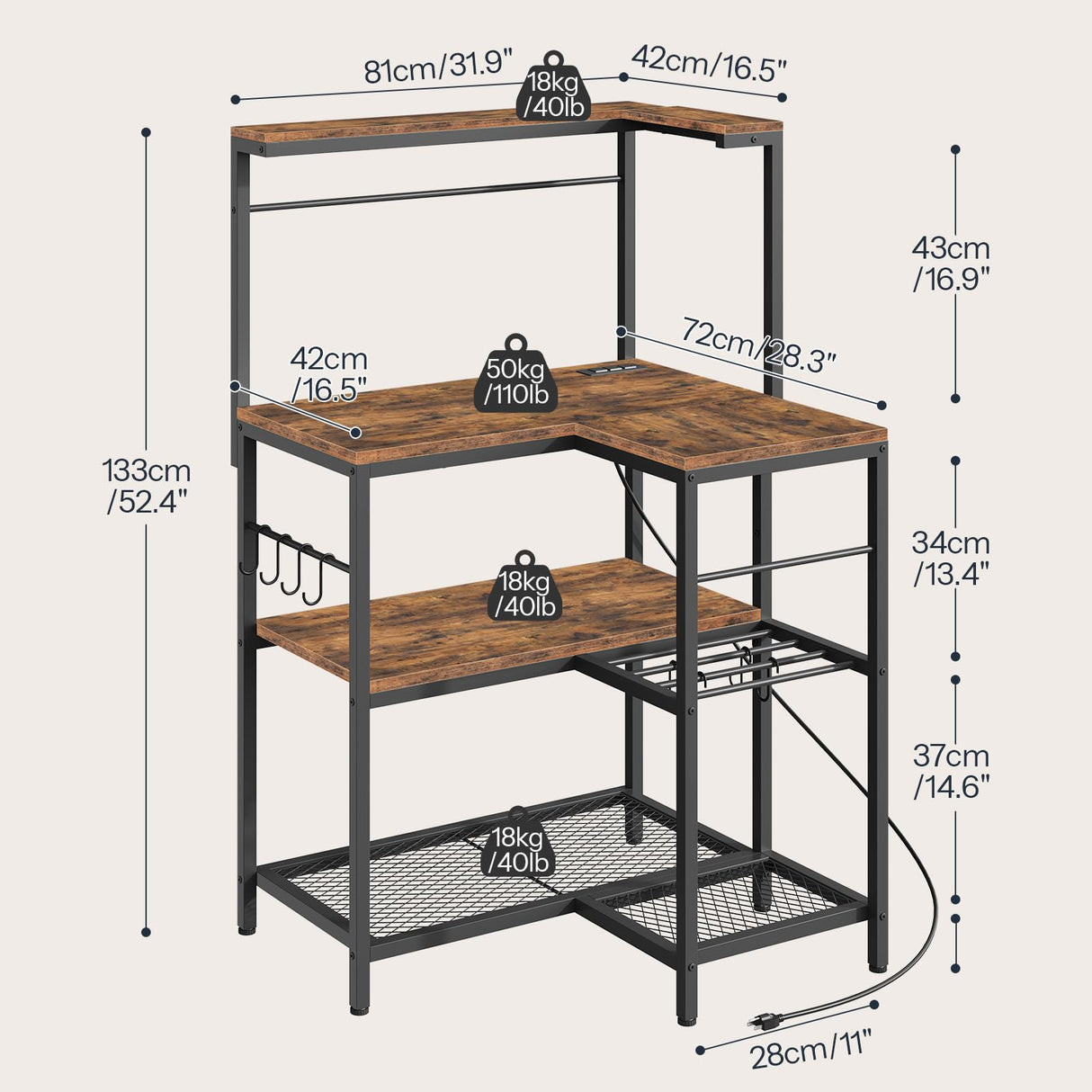 HOOBRO Bakers Rack with Power Outlet, 4-Tier Corner Microwave Stand with Storage, Coffee Bar with 8 S-Shaped Hooks, Kitchen Shelf Rack, 2 Installation Methods, Rustic Brown and Black BF20UHB01 HOOBRO