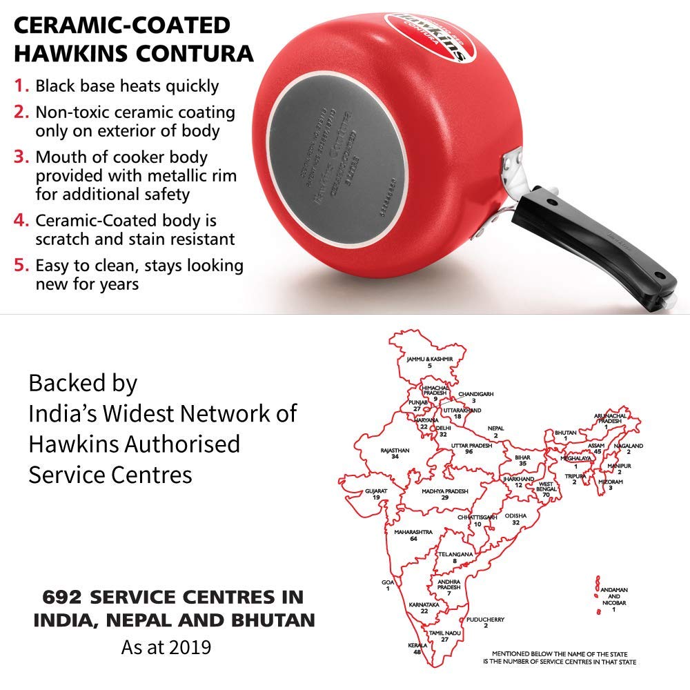 Hawkins 3 Litre Contura Pressure Cooker, Ceramic Coated Handi Inner Lid Cooker, Tomato Red (CTR30) HAWKINS