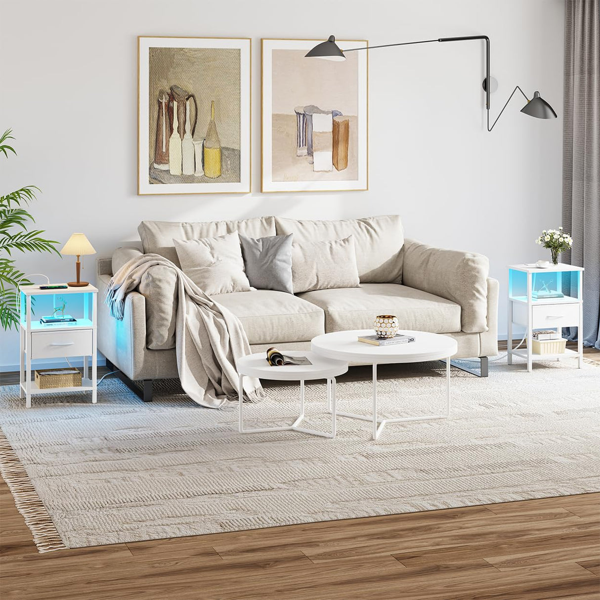 VIMBER Nightstand Set of 2, Adjustable LED Side Table with Charging Station and Fabric Drawer,Beside Tables with Open Compartment for Living Room, Easy Assemble, 3 Tier End Table for Bedroom, White VIMBER