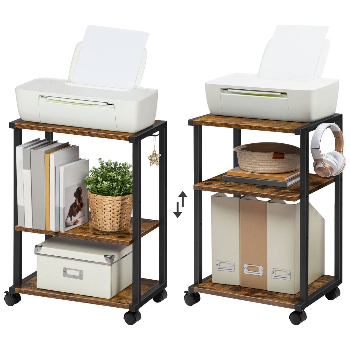 HOOBRO Mobile Printer Stand, 3-Tier Printer Cart Under Desk with Storage, Industrial Adjustable Rolling Cart, Sturdy Little Table on Wheels for Home Office BF28PS01 HOOBRO