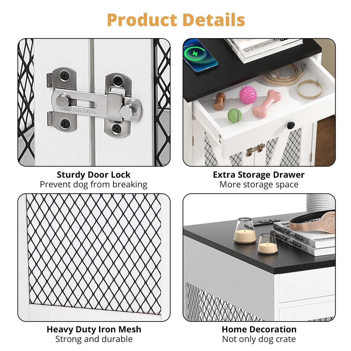 VOWNER Dog Crate Furniture, Wooden Dog Kennel End Table with USB Charging Station, Storage Drawer, Double Latched Door, Furniture-Style Crate Side Table for Small Dogs Under 25 lbs Indoor Use, White VOWNER