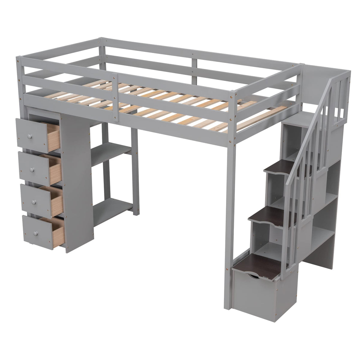 Bellemave Modern Twin Loft Bed with Stairs, Storage Drawers, and Shelves in Grey Bellemave