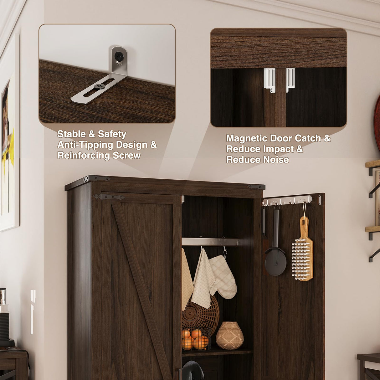 Befrases 72" H Farmhouse Storage Cabinet with Adjustable Shelves, Large Pantry Organize with 2 Barn Doors, Tall Freestanding Cabinet for Kitchen, Bathroom/Garage/Basement/Living/Utility Room, Brown Befrases