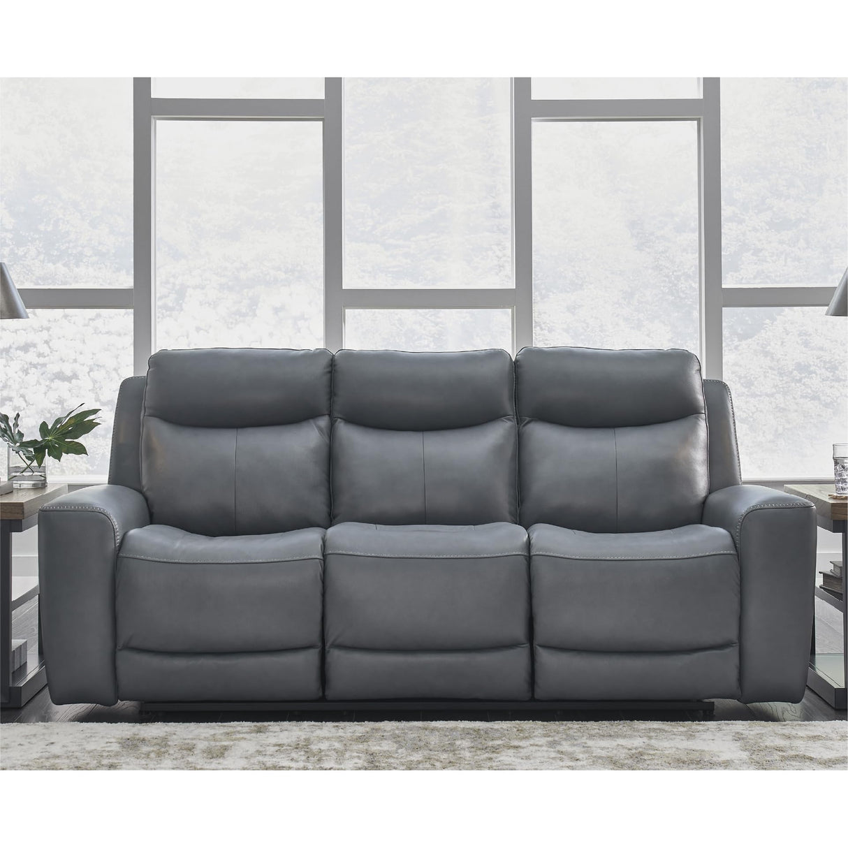 Signature Design by Ashley Mindanao Contemporary Leather Match Upholstered Power Reclining Sofa with Adjustable Headrest and USB Ports, Gray Signature Design by Ashley