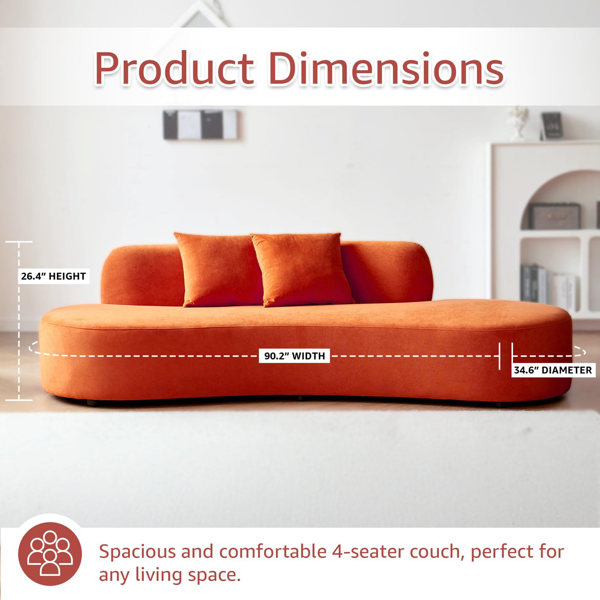 Container Furniture Direct 90" Curved Sofa with Throw Pillows, 4 Seater Luxury Velvet Couch with Half Moon Design and High-Density Foam, Ideal for Modern Living Room, Office & Apartment, Red Orange Container Furniture Direct