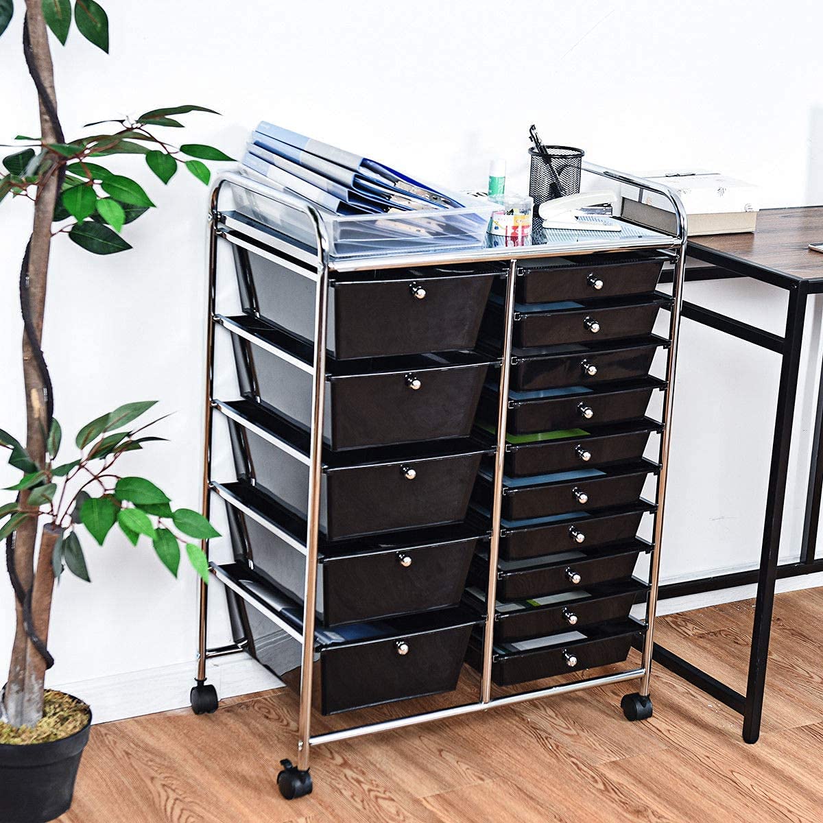 15 Drawer Rolling Storage Cart, Mobile Utility Cart with Lockable Wheels, Drawers, Multipurpose Organizer Cart for Home, Office, School, Black COSTWAY
