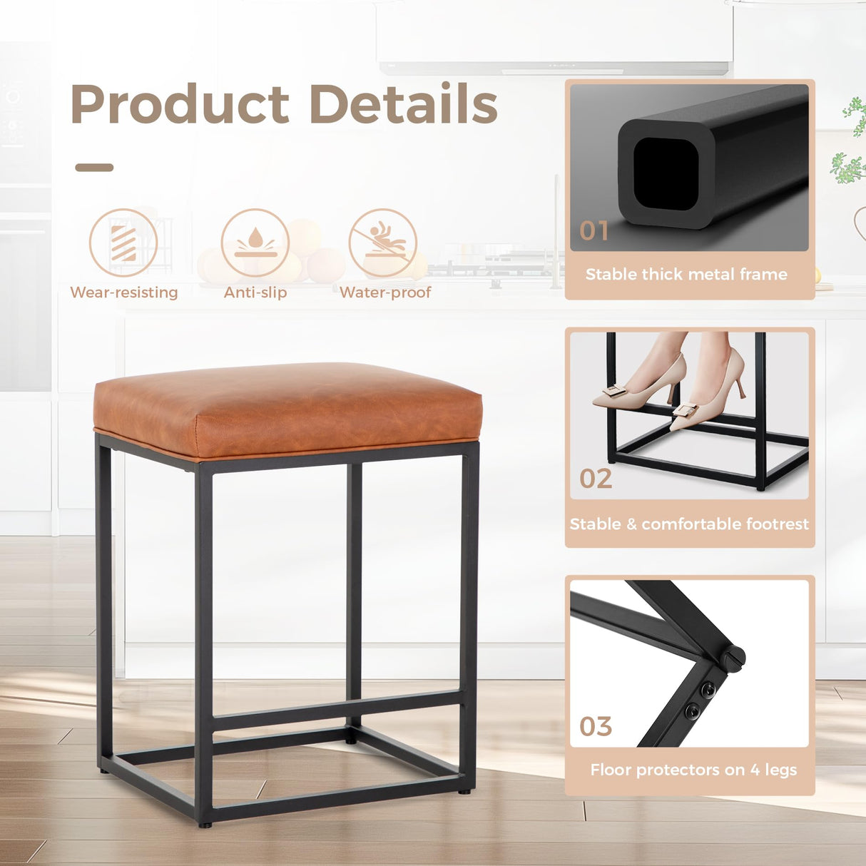 MAISON ARTS Counter Height Bar Stools Set of 3 for Kitchen Counter 24 Inch Backless Modern Barstools Industrial Upholstered Faux Leather Stools Farmhouse Island Chairs, Brown MAISON ARTS