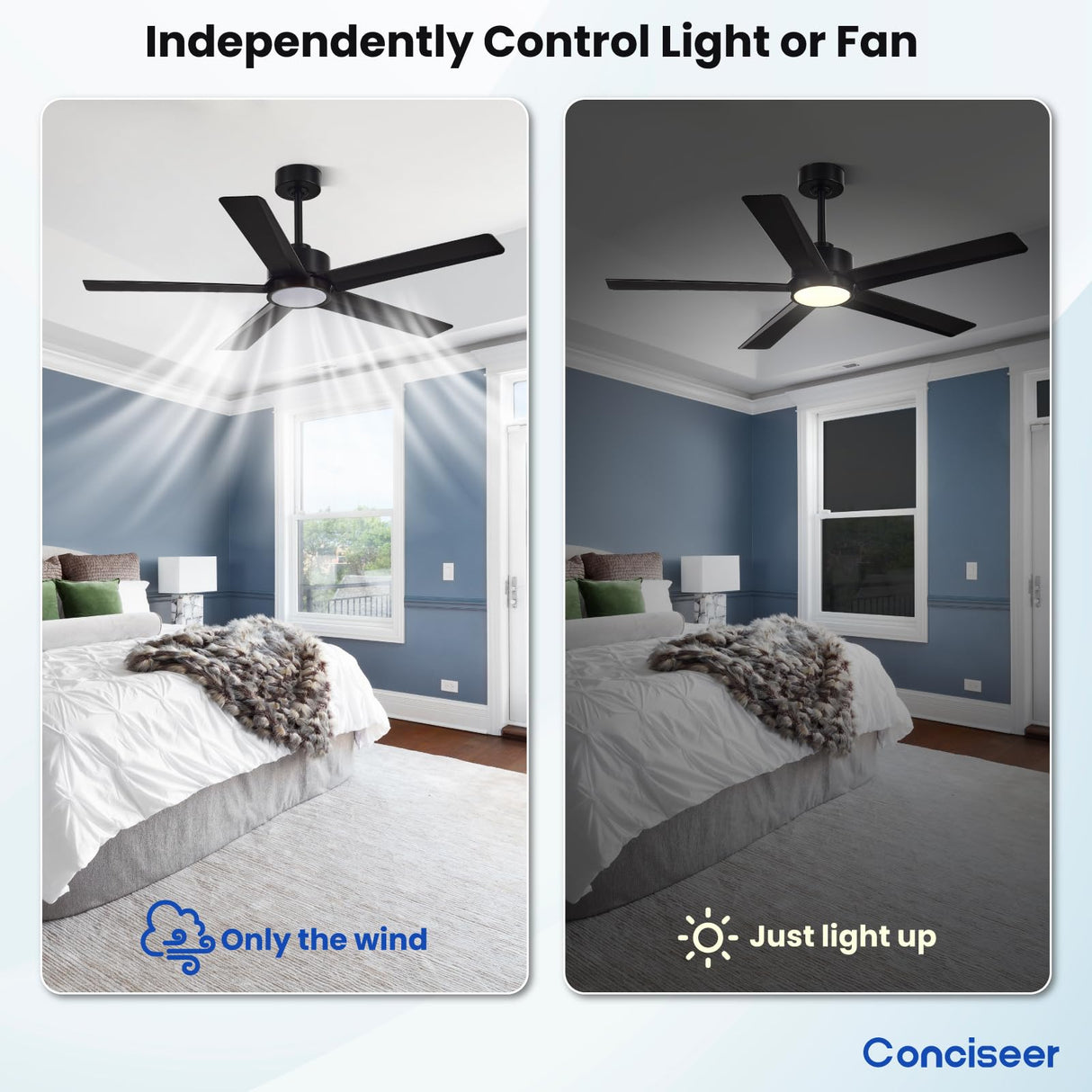 Conciseer Modern Ceiling Fans with Lights,52 Inch Ceiling Fans with Remote for Bedroom Living Room Kitchen, 18W 3CCT Dimmable,5 Blades 6 Speed Reversible Quiet DC Motor Black Conciseer