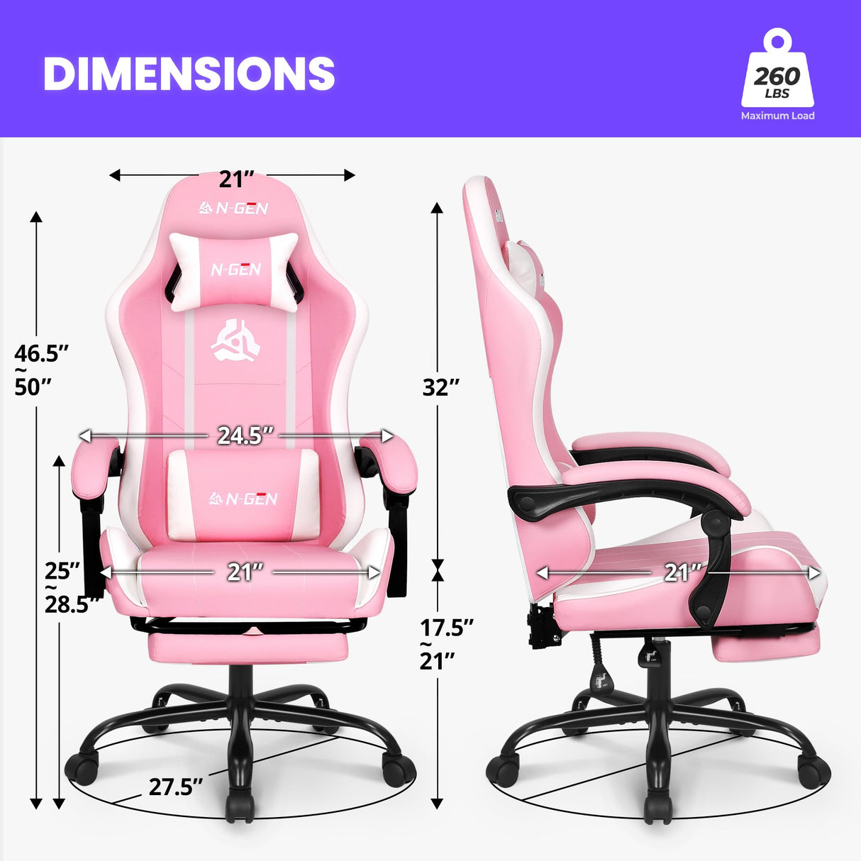 N-GEN GAMING Video Gaming Chair with Footrest High Back Ergonomic Comfortable Office Computer Desk with Lumbar Support Height Adjustable with PU Leather Recliner for Adults Women Men (Pink) N-GEN GAMING